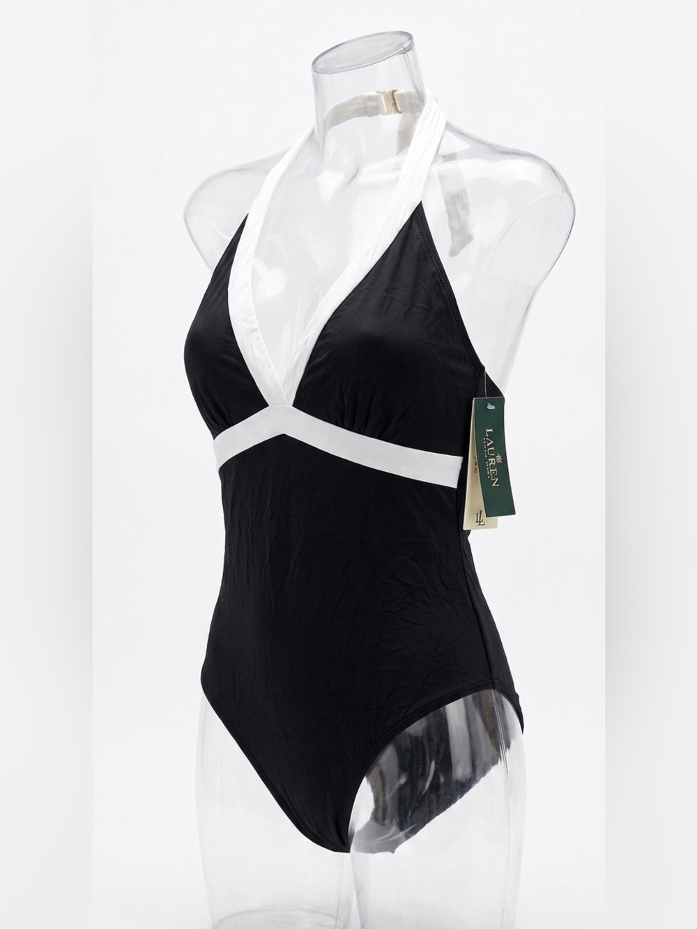 Lauren Ralph NEW Halter V-Neck Backless 12 Black White 1PC Swimsuit Colorblock - Picture 6 of 16